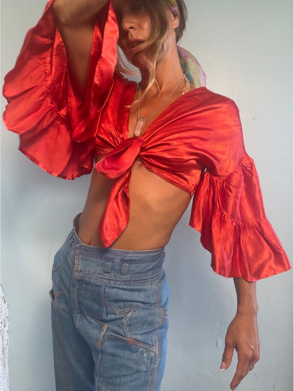 Vintage Red Satin Tie-Front Bolero with Ruffled Sleeves